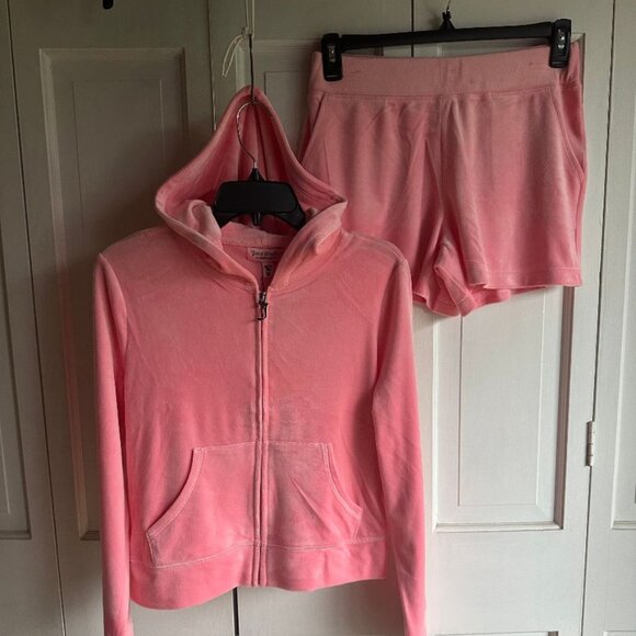 NWT $189 Juicy Couture Bling Logo Velour Shorts & Hoodie Set  in Pink Size MED - Picture 1 of 5
